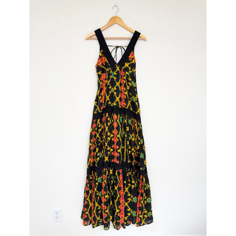 Daughters of the Revolution Ikat Print Crochet Trim Tiered Maxi Dress Black S